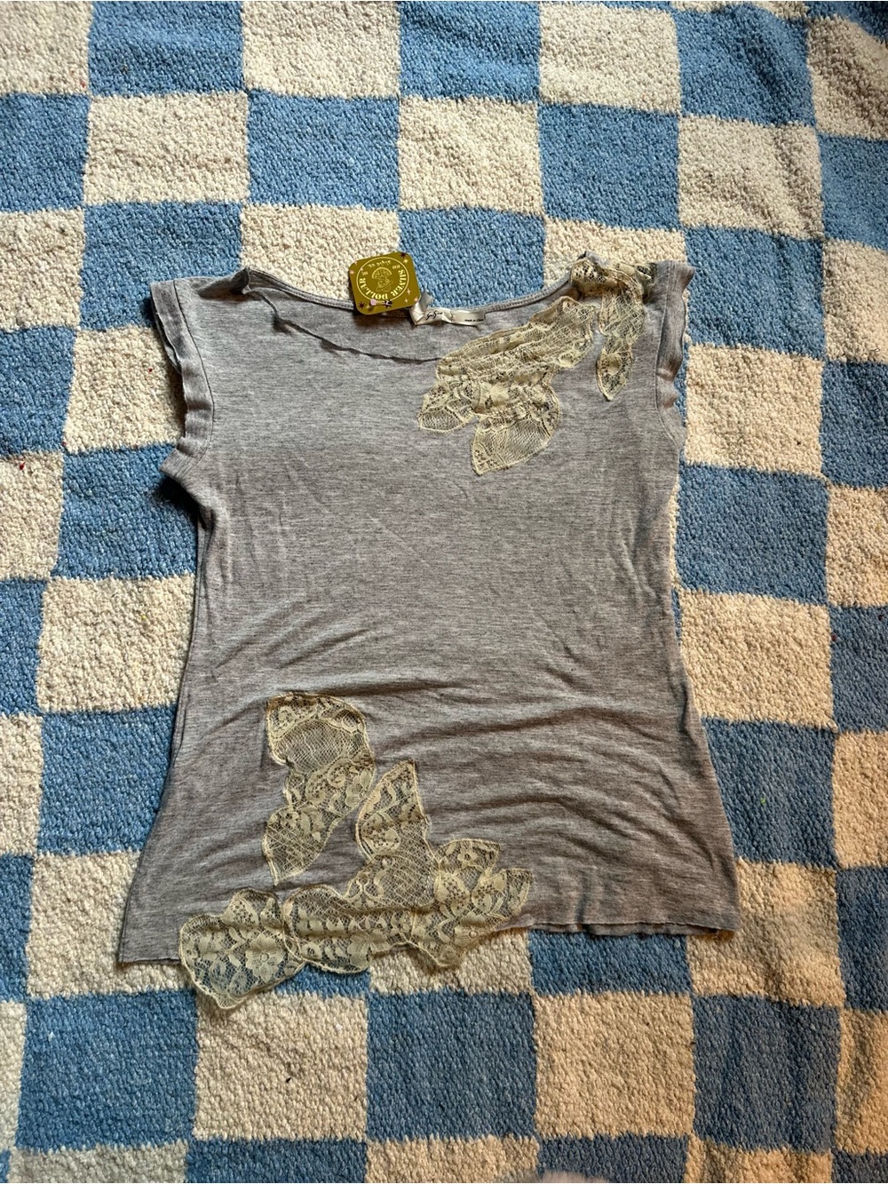 Y2K 2000s Gray Lace-Appliqué Cap-Sleeve Top